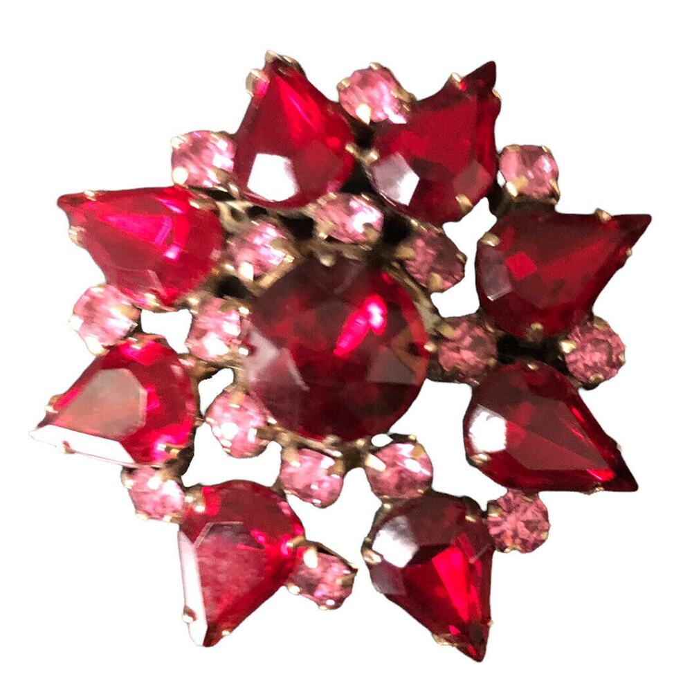 Vintage Starburst Round Brooch Deep‎ Red & Pink Fuchsia Stones Gold Tone Metal